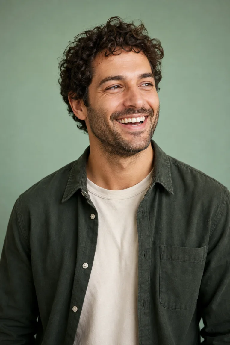 An adult laughing in a green overshirt